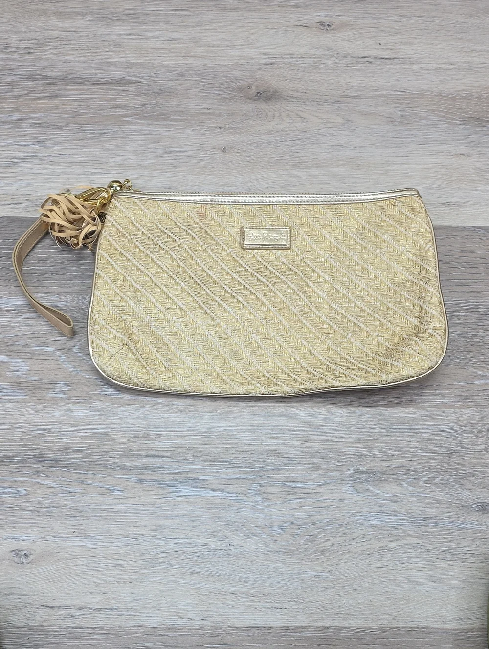 Lilly Pulitzer Gold Woven Straw Wristlet Clutch Bag Tassel Zip Resortwear